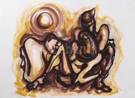 Riskó György (1955-2014): A nap tüze, 1994. Akvarell, papír. Jelzett. 29,5x42 cm