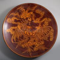 2 darab keleti lakkozott mintás tálca, d: 30 cm