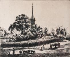 Boldizsár István (1897-1984): Nagybánya környéki táj templommal. Rézkarc, papír, jelzett, üvegezett fakeretben, néhány egészen apró folttal, 19,5x24 cm.