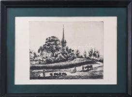 Boldizsár István (1897-1984): Nagybánya környéki táj templommal. Rézkarc, papír, jelzett, üvegezett ...