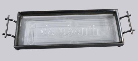 Jugendstil ezüstözött kínálótálca eredeti csiszolt üvegbetétjével, 43x14 cm