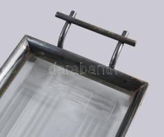 Jugendstil ezüstözött kínálótálca eredeti csiszolt üvegbetétjével, 43x14 cm
