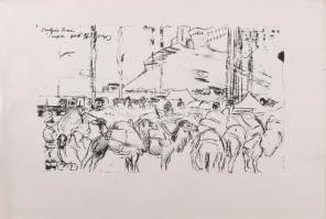 Vaszary János (1867-1939): I. világháborús jelenet tevékkel, 1916. Ofszet, papír, jelzett a nyomaton. Lapszéli ázásnyommal és apró szakadással. 20x32 cm