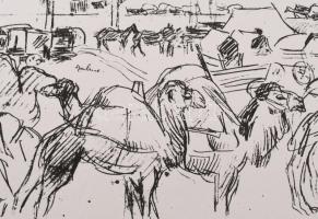 Vaszary János (1867-1939): I. világháborús jelenet tevékkel, 1916. Ofszet, papír, jelzett a nyomaton...