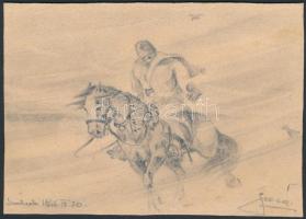 Olvashatatlan jelzéssel: Lovas a viharban, 1946. Ceruza, papír. 10x14,5 cm