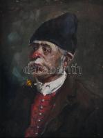 Kasznár Ring Jenő (1875-1945): Pipázó férfi portréja. Olaj, fa, jelzett. Dekoratív, üvegezett fakeretben, 20×15 cm