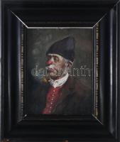 Kasznár Ring Jenő (1875-1945): Pipázó férfi portréja. Olaj, fa, jelzett. Dekoratív, üvegezett fakere...
