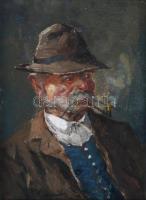 Kasznár Ring Jenő (1875-1945): Pipázó kalapos férfi portréja. Olaj, fa, jelzett. Dekoratív, üvegezett fakeretben, 20×15 cm