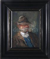 Kasznár Ring Jenő (1875-1945): Pipázó kalapos férfi portréja. Olaj, fa, jelzett. Dekoratív, üvegezet...