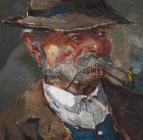 Kasznár Ring Jenő (1875-1945): Pipázó kalapos férfi portréja. Olaj, fa, jelzett. Dekoratív, üvegezet...