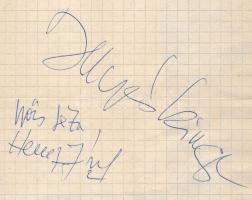 Illyés Kinga előadóművész, Szőcs Géza kköltő és Hencz József zeneszerző aláírásai lapon