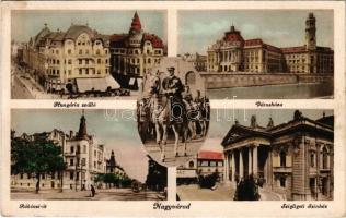 1942 Nagyvárad, Oradea; Hungária szálloda, Városháza, Rákóczi út, Szigligeti Színház, Horthy Miklós fehér lovon / hotel, town hall, street, theatre, Regent Horthy (EB)