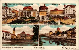 1940 Nagyvárad, Oradea; Bémer tér, Szigligeti színház, villamos, Körös-parti részlet, zsinagóga, városháza / square, theatre, tram, Cris riverside, synagogue, town hall (EK)