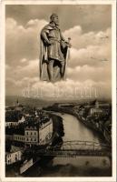 1942 Nagyvárad, Oradea; Körös részlet, híd, zsinagóga. Szent László városa, montázs / Cris riverside, bridge, synagogue. Montage with Saint Ladislaus I of Hungary (EK)