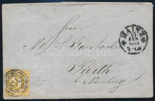 1864 Levél "MAINZ" - "Nürnberg" hátoldalán kék "GEBR. GOLDSCHMIDT / IN MAINZ" bélyegzés