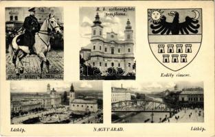 1941 Nagyvárad, Oradea; Horthy Miklós kormányzó, római katolikus székesegyház temploma, Erdély címere, látkép / regent Horthy, church, general view, coat of arms
