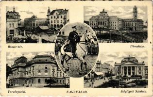 1940 Nagyvárad, Oradea; Bémer tér, városháza, törvényszék, Szigligeti Színház, Horthy Miklós fehér lovon / square, court, theatre, regent Horthy (EK)