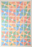 Rákóczy Gizella (1947-2015): Geometrikus kompozíció (cím nélkül), 1982. Szitanyomat, papír. Jelzett. Számozott (5/120). Lapszéli egészen apró sérüléssel és apró elszíneződésekkel. 71x47 cm