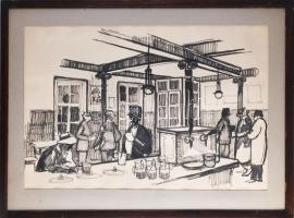 Jelzés nélkül: Tripoliszi kocsma. Filctoll, papír. Fakeretben. 40x60 cm