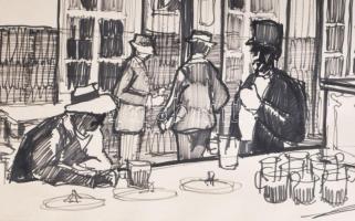 Jelzés nélkül: Tripoliszi kocsma. Filctoll, papír. Fakeretben. 40x60 cm