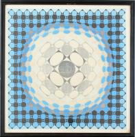 Victor Vasarely (1908-1997): Op-art kompozíció. Ofszet nyomat, papír, jelzett a nyomaton. Üvegezett fakeretben, 45x46 cm
