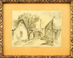 Olvashatatlan jelzéssel: Óbudai részlet. Ceruza, papír. Dekoratív, üvegezett fa keretben, 15,5x21 cm