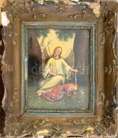 Jelzés nélkül, XIX. sz ismeretlen festő alkotása: Angyal. Olaj, fémlemez, sérült. Dekoratív, üvegezett, sérült fa keretben, 22,5×17,5 cm