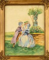 Jelzés nélkül: Rokokó jelenet. Vegyes technika, selyem. Üvegezett keretben. 22x16 cm