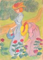 Rónai jelzéssel: Virágok közt. Ceruza, pasztell, karton. 32,5x24 cm