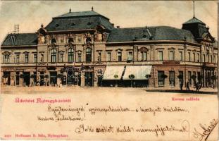 1900 Nyíregyháza, Korona szálloda, Löwy Sándor, Klein Adolf, Fleimer Lajos, Hoffmann Adolf üzlete . Hoffmann B. Béla kiadása (lyuk / pinhole)