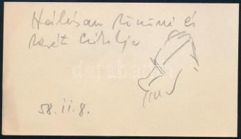 Láng Rudolf (1904-1991) festő, grafikus, jelmeztervező autográf sorai névjegykártyáján