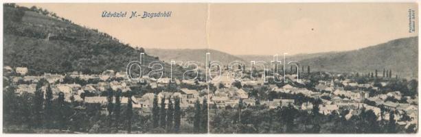 Boksánbánya, Románbogsán, Németbogsán, Deutsch-Bogsan, Bocsa Montana; látkép. Rosner Adolf kiadása, 2-részes kihajtható panorámalap / general view. 2-tiled folding panoramacard (hajtásnál szakadt / torn at fold)