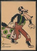 Sostarics Lajos (1896-1968), Walt Disney után: Farkas. Vegyes technika, papír, jelzett, kartonra ragasztva, törésnyommal, foltos, 19×14 cm