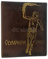 "Olympische Spiele" barna, plüssborítású, négygyűrűs album, 30db osztás nélküli berakólappal, védőtokban. Használt, jó állapotban