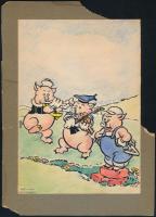 Sostarics Lajos (1896-1968): Walt Disney után: A három kismalac, vegyes technika, papír, jelzett, szakadással, kartonra ragasztva, karton sérült, 21,5×15 cm