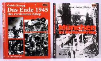 2 db II. világháborús témájú, német nyelvű könyv: Guido Knopp: Das Ende 1945. Der verdammte Krieg. München, 1995, C. Bertelsmann. Kiadói egészvászon-kötés, kissé sérült kiadói papír védőborítóban. + Eva Berthold - Norbert Matern: München im Bombenkrieg. Düsseldorf, 1983, Droste. Kiadói kartonált papírkötés.