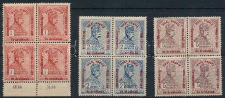 1915 Hadisegély II. sor koronás értékei négyestömbökben (42.000) (tömbönként 2-2 érték falcos, elvált fogak / aparted perfs.)
