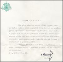 1990 Pataky Kornél (1920-1998) győri püspök saját kezűleg aláírt levele, fejléces papíron