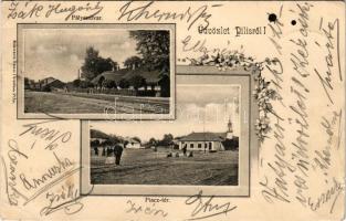 1907 Pilis, pályaudvar, vasútállomás, Piac tér. Fő utca. Schwartz Sámuel kiadása. Art Nouveau, floral (kis szakadások / small tears)