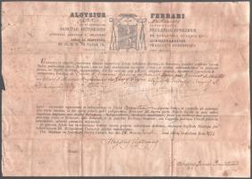 1849 Luigi Ferrari (1792-1851) modenai püspök (1848-1851) által aláírt egyházi dokumentum, foltos, a hátoldalán javított, hajtott, 23x32 cm /  1849 Signed ecclesiastical document by Luigi Ferrari (1792-1851) bishop of Modena (1848-1851), spotty, repaired on the back, folded, 23x32 cm