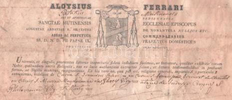 1849 Luigi Ferrari (1792-1851) modenai püspök (1848-1851) által aláírt egyházi dokumentum, foltos, a...
