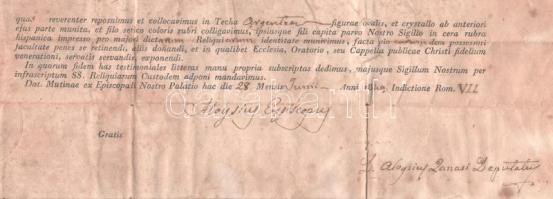 1849 Luigi Ferrari (1792-1851) modenai püspök (1848-1851) által aláírt egyházi dokumentum, foltos, a...