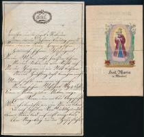 1861 Albendorfi Szűz Mária színezett rézmetszetű szentkép és ima 4 p + kézzel írt német