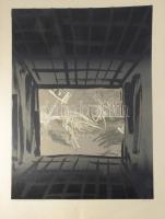 Szüts Miklós (1945-2024): A hetvenes évek IX. (Eltűnt barátaim), 1977. Szitanyomat, papír, jelzett. Számozott (4/15). Lap felső részében törésnyomokkal. 69x50 cm