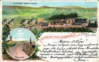 1900 Piliscsaba, tábori vasútállomás, gőzmozdony, vonat, Templom tér. Blau Albert Art Nouveau, litho (szakadás / tear)