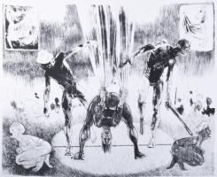 Eszik Alajos (1953-): Megelőző csapás. Litográfia, papír. Jelzett. Művészpéldány EA jelzéssel. 50×66 cm.