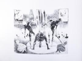 Eszik Alajos (1953-): Megelőző csapás. Litográfia, papír. Jelzett. Művészpéldány EA jelzéssel. 50×66...