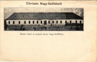 Nagyszőlős, Nagyszőllős, Vynohradiv (Vinohragyiv), Sevljus, Sevlus; Állami elemi és polgári iskola / school (gyűrődések / creases)