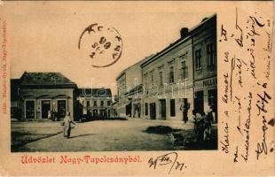 1900 Nagytapolcsány, Topolcany; Fő tér, Szlanka János és Pollak üzlete. Platzko Gyula kiadása / main square, shops (EB)
