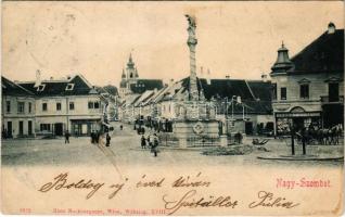 Nagyszombat, Tyrnau, Trnava; Szentháromság szobor, Josef Halle, Taushy J. és fiai üzlete. Hans Nachbargauer kiadása / square, Trinity statue, shops (Rb)